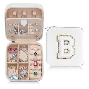 White Initial “B” Travel Jewelry Case – Faux Leather Square Organizer - NEW 💍🤍